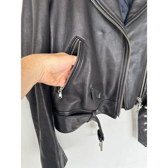 Topshop Black Genuine Leather Silver Hardware Relaxed Oversize Moto Jacket Sz 4